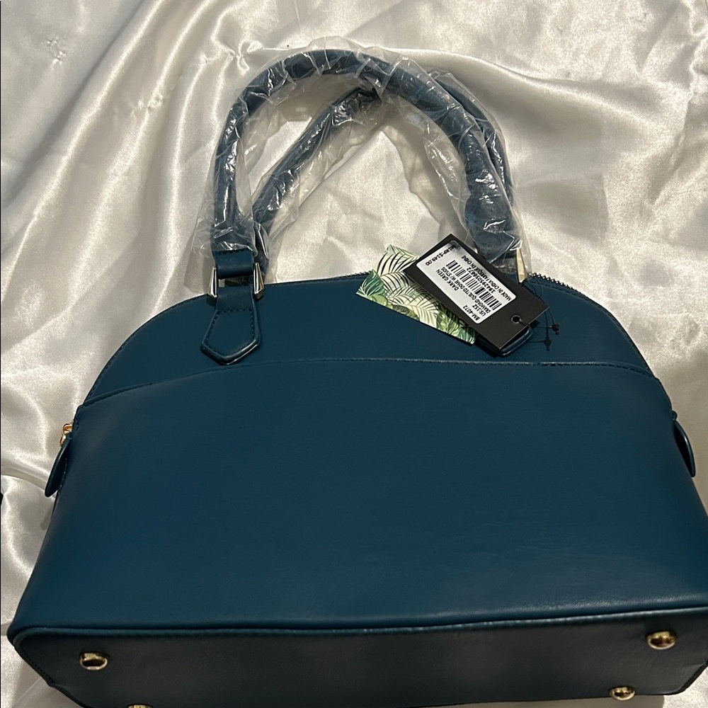 Badgley Mischka Teal blue quilted studded bowlers bag - Picture 2 of 10